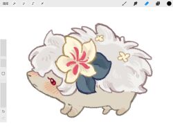 animal_focus animalization blush closed_mouth cookie_run cookie_run:_kingdom flower full_body hair_flower hair_ornament hedgehog highres leaf no_humans pani_5750 pink_eyes simple_background white_background white_flower white_lily_cookie