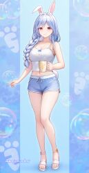 1girl absurdres alternate_costume animal_ear_fluff animal_ears blue_hair blue_shorts bow braid braided_ponytail breasts camisole cleavage closed_mouth commentary_request cup feet full_body hair_between_eyes hair_bow hair_over_shoulder highres holding holding_cup hololive large_breasts long_hair looking_at_viewer loungewear mature_female midriff multicolored_hair navel pekomama rabbit-shaped_pupils rabbit_ears rabbit_girl red_eyes short_eyebrows short_shorts shorts smile solo standing streaked_hair symbol-shaped_pupils thick_eyebrows toes virtual_youtuber wajuniorbox white_bow white_camisole white_hair