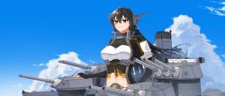 Rule 34 | 1girl, absurdres, adapted turret, black cape, black gloves, black hair, blue sky, breasts, cannon, cape, cloud, elbow gloves, fingerless gloves, gloves, hair between eyes, headgear, highres, kantai collection, large breasts, long hair, machi (ritovoyage), midriff, nagato (kancolle), nagato kai ni (kancolle), navel, red eyes, rigging, ship turret, sky, smile, solo, upper body