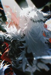 1girl animal_ears arknights chromatic_aberration closed_mouth commentary dkl_(dinosaurkl2) grey_eyes hair_ornament hairclip highres lappland_(arknights) lappland_the_decadenza_(arknights) long_hair looking_at_viewer scar_across_eyes solo symbol-only_commentary white_hair wolf_ears wolf_girl