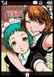 2girls absurdres blue_hair brown_eyes brown_hair cellphone flip_phone fudepen_(medium) green_eyes highres maid maid_headdress multiple_girls oeilvert_fft persona persona_3 phone selfie takeba_yukari yamagishi_fuuka