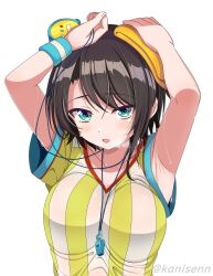 1girl aqua_eyes armpits arms_up artist_name black_hair blush breasts collarbone eyelashes highres holding hololive impossible_clothes kanisenn large_breasts looking_at_viewer medium_hair oozora_subaru oozora_subaru_(1st_costume) open_mouth shirt short_sleeves simple_background solo stopwatch stopwatch_around_neck striped_clothes striped_shirt sweat sweatdrop swept_bangs towel twitter_username vertical-striped_clothes vertical-striped_shirt virtual_youtuber watch whistle whistle_around_neck white_background white_shirt wristband yellow_shirt