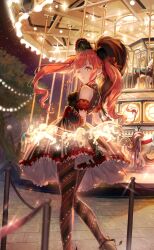 Rule 34 | 1girl, amusement park, ankle bow, ankle ribbon, artist request, bare shoulders, black bonnet, black bow, black dress, black gloves, black pantyhose, black shoes, blunt bangs, bonnet, bow, brown eyes, carousel, detached sleeves, dress, feet out of frame, festival scene (shining nikki), frilled gloves, frilled headwear, frilled sleeves, frills, game cg, gloves, hat feather, highres, horse, light particles, lolita fashion, long hair, magic, night, night sky, nikki (series), official art, one eye closed, outdoors, outstretched hand, pantyhose, parted lips, pleated dress, polka dot sleeves, puffy short sleeves, puffy sleeves, red hair, red sleeves, ribbon, ringlets, see-through pantyhose, shining nikki, shoes, short dress, short sleeves, sky, sleeveless, sleeveless dress, smile, solo, sonya (shining nikki), star (sky), star (symbol), starry sky, striped clothes, striped pantyhose, twintails, wavy hair