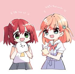2girls :d ai_scream!_(love_live!) blue_dress blue_eyes collarbone commentary_request dress green_eyes grey_sailor_collar grey_skirt hair_ornament hasu_no_sora_school_uniform highres hinoshita_kaho holding in-franchise_crossover kanduki_kamibukuro kurosawa_ruby link!_like!_love_live! love_live! love_live!_sunshine!! medium_hair multiple_girls neckerchief open_mouth orange_hair outline pink_background pleated_dress pleated_skirt puffy_short_sleeves puffy_sleeves rabbit_hair_ornament red_neckerchief sailor_collar sailor_dress school_uniform serafuku shirt short_sleeves simple_background skirt sleeveless sleeveless_shirt smile summer_uniform two_side_up uranohoshi_school_uniform virtual_youtuber white_outline white_sailor_collar yellow_neckerchief