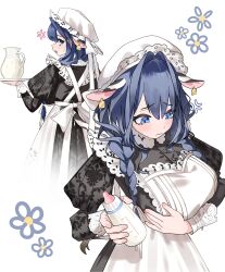1girl absurdres animal_ears apron baby_bottle black_dress blue_eyes blue_hair blush bottle braid cow_ears dress gurumie hair_intakes hat highres holding holding_tray hololive hololive_english long_hair long_sleeves low_twin_braids maid maid_apron mob_cap official_alternate_costume official_alternate_hairstyle ouro_kronii ouro_kronii_(maid) solo tray twin_braids virtual_youtuber white_apron white_background