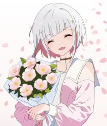 1girl :d ^_^ bare_shoulders bouquet brown_choker choker closed_eyes clothing_cutout colored_inner_hair commentary_request diagonal_bangs dream_believers facing_viewer falling_petals flower grey_hair hair_ornament highres holding holding_bouquet link!_like!_love_live! long_sleeves love_live! multicolored_hair official_alternate_costume open_mouth petals pink_flower pink_petals red_hair short_hair shoulder_cutout smile solo star_(symbol) star_hair_ornament steveerror streaked_hair upper_body virtual_youtuber yugiri_tsuzuri
