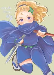 1girl blonde_hair blue_eyes final_fantasy final_fantasy_v hapiko_(hiyamugi_5555) holding holding_weapon krile_mayer_baldesion_(ff5) long_hair looking_at_viewer ninja ninja_(final_fantasy) ponytail scarf shuriken_hair_ornament simple_background skirt solo thighhighs weapon