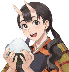 Rule 34 | 1girl, armor, black eyes, brown hair, chipped tooth, dungeon meshi, food, holding, holding food, horns, inutade, japanese armor, moon (bio7124), oni, onigiri, rice, simple background, skin-covered horns, solo, twintails, white background