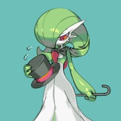 black_bow black_bowtie black_hat bob_cut bow bowtie cane colored_skin dress gardevoir gen_3_pokemon green_background green_hair green_skin hair_over_one_eye hat holding holding_cane holding_unworn_clothes holding_unworn_hat lowres multicolored_skin nintendo oyama_yoihaya pink_eyes pokemon pokemon_(creature) simple_background tearing_up two-tone_skin unworn_hat unworn_headwear white_dress white_skin