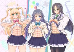 3girls abs absurdres ahoge alternate_muscle_size black_hair blonde_hair blush bow bowtie braid character_request clothes_lift embarrassed female_focus fujisawa_yuzu glasses hair_ornament hairpin highres inohara_koboshi linea_alba long_hair looking_at_viewer midriff miniskirt multiple_girls muscular muscular_female mynameissuusan navel necktie obliques one_eye_closed ongeki pantyhose school_uniform shirt_lift side_braid skirt smile standing twintails veins