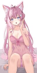 1girl :o absurdres animal_ear_fluff antenna_hair arm_at_side arm_support armpit_crease babydoll bed_sheet blush bow bow_babydoll braid braided_bun breasts cameltoe cleavage collarbone commentary_request crotch_seam crown_braid double_bun fang feet_out_of_frame frilled_babydoll frills hair_bun hakui_koyori hand_up hexagon_hair_ornament highres hololive large_breasts long_hair looking_at_viewer mons_pubis navel no_pants on_bed open_mouth panties pink_babydoll pink_bow pink_hair pink_panties purple_eyes see-through_babydoll see-through_clothes simple_background sitting solo stomach straight-on tonton_utaro two_side_up underwear very_long_hair virtual_youtuber white_background wispy_bangs