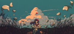 1girl artdroiiid_ii balloon bird black_hair black_sailor_collar blue_sky book bow bowtie closed_mouth cloud commentary day english_commentary field floating_hair flower flying_paper grey_skirt hair_flower hair_ornament highres kneehighs long_hair long_sleeves looking_at_object open_book original outdoors paper pleated_skirt red_bow red_bowtie red_flower sailor_collar scenery shirt sitting skirt sky smile socks solo split_mouth straight-on summer white_shirt white_socks wide_shot wind