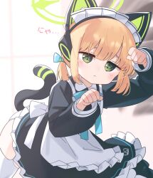 1girl animal_ear_headphones animal_ears apron aqua_bow aqua_bowtie back_bow black_dress black_shoes black_tail blonde_hair blue_archive blunt_bangs blurry blurry_background blush bow bowtie cat_ear_headphones cat_ears cat_tail clenched_hands closed_mouth collared_dress commentary contrast_collar dress fake_animal_ears fake_tail frilled_apron frilled_dress frills garter_straps green_halo hair_bow halo headphones highres long_sleeves looking_at_viewer low_twintails maid maid_apron maid_headdress midori_(blue_archive) midori_(maid)_(blue_archive) official_alternate_costume official_alternate_hairstyle panties paw_pose shoes short_twintails sidelocks solo split_mouth suisou0801 tail thighhighs twintails underwear white_apron white_bow white_headdress white_panties white_thighhighs