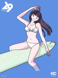 1girl 30girl.com arm_up artist_name bikini black_hair blue_background breasts collarbone copyright_name dated grey_hair hair_tie halterneck highres holding holding_hair_tie kawai_shingo long_hair looking_at_viewer navel side-tie_bikini_bottom sitting solo surfboard swimsuit water white_bikini