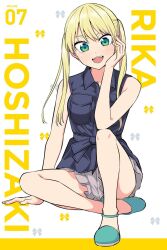 1girl arm_support black_shirt blonde_hair blush breasts collarbone fangs female_focus green_eyes green_slippers grey_shorts hand_on_own_cheek hand_on_own_chin hand_on_own_face highres hiroyuki hoshizaki_rika_(kanojo_mo_kanojo) kanojo_mo_kanojo knee_up large_breasts long_hair looking_at_viewer official_art open_mouth shirt short_sleeves shorts sitting sleeveless sleeveless_shirt slippers solo solo_focus teeth thighs thighs_focus twintails upper_teeth_only