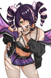 Rule 34 | 1girl, :d, alternate costume, alternate eye color, alternate hair color, animal collar, antenna hair, armpit crease, armpits, asymmetrical bangs, bare shoulders, belt, belt buckle, bent over, black belt, black bustier, black collar, black jacket, black panties, black trim, black wings, breasts, buckle, bustier, cleavage, collar, collarbone, colored inner hair, commentary, commission, contrapposto, cowboy shot, dot nose, drill hair, ear piercing, earrings, english commentary, exposed pocket, eyebrows hidden by hair, eyeliner, eyes visible through hair, facial mark, facial tattoo, fashion style request, fingerless gloves, fingernails, fishnet gloves, fishnet pantyhose, fishnet top, fishnets, frilled skirt, frills, gloves, green eyes, grin, hair ornament, hair over one eye, hairclip, half-closed eyes, half-skirt, hand on own chin, hand on own hip, head tilt, highleg, highleg panties, ichika maia, indie virtual youtuber, jacket, jewelry, karassawa, large breasts, leaning forward, leaning to the side, leather belt, legs apart, long eyelashes, long fingernails, long hair, long sleeves, looking at viewer, makeup, merchandise available, microskirt, midriff, multicolored hair, multiple piercings, multiple rings, narrowed eyes, navel, o-ring strap, off shoulder, open clothes, open hand, open jacket, open mouth, panties, panty straps, pantyhose, parted bangs, piercing, pink hair, pink streaks, plaid clothes, plaid skirt, pubic tattoo, puffy long sleeves, puffy sleeves, purple eyeliner, purple hair, purple jacket, purple nails, purple skirt, purple wings, raised eyebrows, raised inner eyebrows, ring, shoulder tattoo, sidelocks, simple background, single hair streak, skirt, smile, solo, spiked collar, spikes, spread wings, standing, star (symbol), star facial mark, star hair ornament, star tattoo, straight-on, streaked hair, stud earrings, studded belt, tattoo, teeth, thick eyelashes, thick thighs, thighs, tongue, tongue out, tongue piercing, torn clothes, torn pantyhose, tsurime, twin drills, two-sided fabric, two-sided jacket, two-tone hair, two-tone wings, underwear, virtual youtuber, white background, wide hips, wing hair ornament, wings
