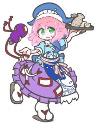 1girl animal_hat animal_print apron blue_apron blue_hat blue_shirt choko_(cup) cross-laced_clothes cup fish_print frilled_skirt frills full_body gourd green_hair hat holding holding_tray looking_at_viewer medium_hair ofuda ofuda_on_clothes okunoda_miyoi parody parted_lips pink_hair puffy_short_sleeves puffy_sleeves purple_skirt puyopuyo sandals shinmon_akika shirt short_sleeves simple_background skirt socks sweat tabi tokkuri touhou tray waist_apron whale_hat whale_print white_background white_socks