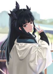 1girl absurdres artemis_of_the_blue atelier_live black_hair black_skirt blunt_bangs closed_mouth collared_shirt highres hood hood_down hoodie kimbird ponytail shark_fin shark_girl shirt sidelocks skirt smile solo v virtual_youtuber white_hoodie wide_sleeves