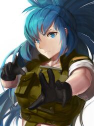 1girl absurdres black_gloves blue_eyes blue_hair closed_mouth collarbone commentary english_commentary gloves green_jacket hairband high_ponytail highres jacket jewelry leona_heidern looking_at_viewer military military_uniform muscular muscular_female numanoan pocket ponytail simple_background solo the_king_of_fighters upper_body white_background