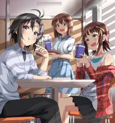 3girls amami_haruka antenna_hair arms_on_table black_hair black_pants black_skirt blue_skirt blush brown_eyes brown_hair chair closed_mouth collared_shirt cup day green_eyes hagiwara_yukiho hair_ribbon haruki_(haruki678) highres holding holding_cup holding_tray idolmaster idolmaster_(classic) indoors jacket kikuchi_makoto long_sleeves multiple_girls on_chair open_clothes open_jacket open_mouth pants plate purple_eyes red_jacket ribbon shirt short_hair short_sleeves sitting skirt smile standing table tank_top tray white_shirt white_tank_top window_shadow yellow_ribbon
