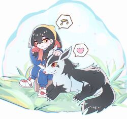 1girl black_hair blue_jacket blue_pants blueberry_academy_school_uniform carmine_(pokemon) closed_mouth colored_inner_hair crossed_bangs gen_3_pokemon gloves hair_between_eyes hairband heart highres jacket kiri8211 long_hair long_sleeves looking_at_another mightyena mole mole_under_eye multicolored_hair musical_note nintendo pants pokemon pokemon_(creature) pokemon_sv red_gloves red_hair school_uniform single_glove sitting on_tree_stump smile spoken_heart spoken_musical_note tree_stump yellow_eyes yellow_hairband