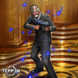 1boy black_hair business_suit capcom formal_clothes gun hair_slicked_back highres j&#039;avo jun_ishimaru mask monster monster_boy monster_focus necktie official_art resident_evil resident_evil_6 submachine_gun suit teppen weapon