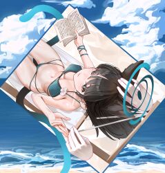 1boy 1girl absurdres animal_ears bakeneko bikini black_choker black_eyes black_nails black_tail blue_archive blue_bikini blue_halo blue_haori blue_tail blush breasts cape cat_ears cat_girl cat_tail choker criss-cross_straps fingernails from_above halo haori headpat highres japanese_clothes kikyou_(blue_archive) kikyou_(swimsuit)_(blue_archive) layered_bikini looking_at_viewer multi-strapped_bikini_bottom multiple_tails nail_polish navel official_alternate_costume side-tie_bikini_bottom small_breasts swimsuit tagua tail two_tails white_cape