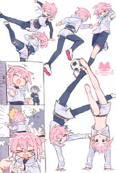 &gt;_&lt; +++ 2boys ^^^ ^_^ absurdres accident artist_logo ball barefoot belt black_belt black_hair black_leggings black_socks blood blue_eyes bright_pupils closed_eyes closed_mouth commentary_request covered_navel fang handstand heterochromia highres hood hood_down hoodie layered_sleeves leggings logo long_sleeves male_focus multiple_boys multiple_views navel nosebleed open_mouth original pink_eyes pink_hair raito-kun_(uenomigi) running shirt shoes short_hair short_over_long_sleeves short_sleeves sketch sleeveless sleeveless_hoodie smile soccer_ball socks surprised translation_request uenomigi white_background white_pupils white_shirt white_shoes