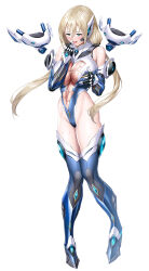 1girl artist_request bare_shoulders blonde_hair blush boots breasts breasts_squeezed_together character_request cleavage cleavage_cutout clothing_cutout covered_navel curvy drone elbow_gloves embarrassed female_focus full_body gloves grabbing_own_breast green_eyes highleg highleg_leotard highres horns impossible_clothes impossible_leotard large_breasts leotard lilith-soft looking_at_viewer low_twintails navel_cutout revealing_clothes see-through_clothes see-through_leotard shiny_clothes shiny_skin solo sweat taimanin_(series) taimanin_rpgx thong_leotard tongue tongue_out twintails wide_hips