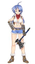 1girl ahoge artist_request axe bandana belt blacksmith_(ragnarok_online) blue_eyes blue_hair boots breasts brown_belt brown_boots brown_gloves cleavage clenched_teeth collared_shirt crop_top fingerless_gloves fingernails full_body gauntlets gloves heart heart_tattoo holding holding_axe large_breasts large_variant_set long_hair looking_at_viewer navel official_art one_eye_closed ragnarok:_guild_masters ragnarok_online red_bandana shirt short_shorts shorts shoulder_tattoo simple_background sleeveless sleeveless_shirt solo standing tattoo teeth thumb_in_beltline tied_shirt transparent_background variant_set white_shirt