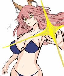 Rule 34 | 1girl, animal ear fluff, animal ears, bikini, blue bikini, blue bra, bra, breasts, cleavage, fate/extra, fate (series), fox ears, fox girl, highres, long hair, looking at viewer, navel, panties, pink hair, pun26901374, signature, solo, star (symbol), swimsuit, tamamo (fate), tamamo no mae (fate/extra), underwear, yellow eyes