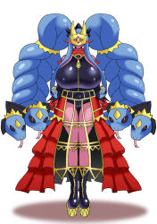 black_eyes breasts colored_skin crown digimon digimon_(creature) heart heppoko_death looking_at_viewer mask medusamon red_eyes red_skin ribbon shadow simple_background snake snake_hair tongue tongue_out white_background