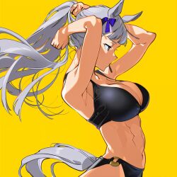 1girl adjusting_hair animal_ears bikini black_bikini blue_ribbon bow breasts ear_ribbon from_side gold_ship_(umamusume) grey_hair horse_ears horse_girl horse_tail kisaragi_shokuin large_breasts long_hair navel ponytail profile ribbon simple_background solo swimsuit tail umamusume yellow_background