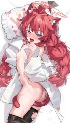 1girl ahoge animal_ears black_thighhighs blue_archive braid cat_ears cat_tail halo loli looking_at_viewer lying maki_(blue_archive) naked_shirt on_side open_clothes open_shirt patanda red_hair red_halo shirt solo tail thighhighs torn_clothes torn_thighhighs twin_braids white_shirt yes-no_pillow