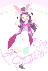 Rule 34 | 1girl, animal ears, b (kana0816), bow, bowtie, closed eyes, cosplay, disney, easter, easter wonderland, elysia de lute ima, fake animal ears, female focus, gloves, hat, kami nomi zo shiru sekai, long hair, purple hair, rabbit ears, smile, solo, top hat