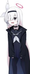 1girl black_choker black_coat black_hairband black_pantyhose black_sailor_collar black_serafuku black_shirt black_skirt blue_archive bow braid choker coat colored_inner_hair commentary hair_bow hair_over_one_eye hairband halo highres long_hair long_sleeves multicolored_hair neckerchief open_clothes open_coat open_mouth pantyhose pink_hair plana_(blue_archive) pleated_skirt red_halo red_pupils sailor_collar school_uniform serafuku shirt simple_background single_braid skirt solo watakaze white_background white_hair white_neckerchief