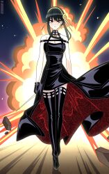 Rule 34 | 1girl, :&lt;, absurdres, bare shoulders, black dress, black gloves, black hair, boots, breasts, cleavage, dagger, dress, earrings, explosion, floral print, flower, flower hairband, gloves, gold earrings, gold hairband, hairband, highres, holding, holding dagger, holding knife, holding weapon, jewelry, knife, large breasts, looking at viewer, narrow waist, nico-neko, night, night sky, pale skin, red eyes, rose, rose print, serious, shaded face, sidelocks, sky, solo, spy x family, stiletto (weapon), thigh boots, tsurime, two-sided dress, two-sided fabric, walking, weapon, yellow flower, yellow rose, yor briar