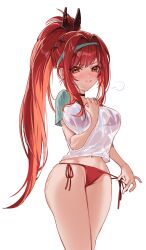 1girl bikini blue_hairband blush breasts goddess_of_victory:_nikke hairband highres large_breasts long_hair midriff_peek navel official_alternate_costume ponytail rapi_(nikke) rapi_(red_hood)_(red_flavor)_(nikke) red_bikini red_eyes red_hair sakae_nikebaraba see-through_clothes see-through_shirt shirt side-tie_bikini_bottom simple_background solo swimsuit thighs very_long_hair white_background white_shirt