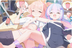 2girls ahoge blue_archive blue_hair chinese_commentary closed_eyes commentary_request drooling food hair_ornament highres loli long_hair lying mouth_drool multicolored_hair multiple_girls natsu_(band)_(blue_archive) natsu_(blue_archive) on_back open_mouth paid_reward_available painter-lhb panties pink_hair reisa_(blue_archive) shirt sleeping star_(symbol) star_hair_ornament striped_clothes striped_panties underwear white_shirt