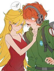 ...! 1boy 1girl backpack bag blonde_hair blue_eyes blush breasts brief_(psg) cgvske1003 closed_mouth commentary_request dress earrings green_jacket hair_between_eyes hair_over_one_eye hand_blush headphones hetero highres hood hood_down hooded_jacket hoop_earrings jacket jewelry korean_commentary long_hair medium_breasts open_mouth orange_hair panty_&amp;_stocking_with_garterbelt panty_(psg) red_dress simple_background white_background