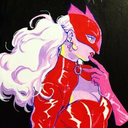 1girl animal_ears black_background blonde_hair bodysuit breasts cat_ears cleavage cleavage_cutout clothing_cutout earrings eye_mask gloves hand_to_own_mouth highres jewelry leslie_hung long_hair medium_breasts panther_(persona_5) parted_lips persona persona_5 pink_gloves red_bodysuit red_lips solo sparkle takamaki_anne twintails upper_body wavy_hair