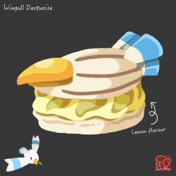 arrow_(symbol) artist_logo artist_name character-themed_food character_name cream dacquoise food food_focus food_name gen_3_pokemon grey_background highres logo nintendo no_humans pokemon pokemon_(creature) simple_background wingull yuki00yo