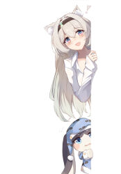 ! 1girl 1other :3 animal_ear_fluff animal_ears black_hairband blue_eyes blush breasts elphe eyebrows_hidden_by_hair fang firefly_(honkai:_star_rail) flying_sweatdrops gradient_eyes grey_hair hair_between_eyes hairband highres honkai:_star_rail honkai_(series) large_breasts lips long_hair looking_at_viewer multicolored_eyes open_mouth pajamas peeking pom-pom_(honkai:_star_rail) shirt simple_background very_long_hair wavy_mouth white_background white_shirt wolf_ears