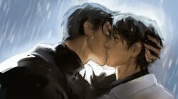 Rule 34 | 2boys, backlighting, black choker, black eyes, black hair, black shirt, choker, closed eyes, coat, collared shirt, glowing, grabbing another&#039;s hair, hand on another&#039;s head, kim dokja, kiss, macaronijail, male focus, multiple boys, omniscient reader&#039;s viewpoint, portrait, rain, shirt, short hair, wet, wet clothes, white coat, yaoi, yoo joonghyuk