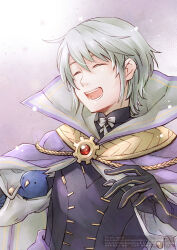 1boy 1other bird black_gloves cloak closed_eyes ebi_puri_(ebi-ebi) fire_emblem fire_emblem_awakening fire_emblem_heroes gloves henry_(fire_emblem) henry_(resplendent)_(fire_emblem) male_focus nintendo official_alternate_costume purple_cloak solo white_hair