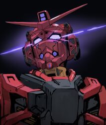 glowing glowing_eyes gundam gundam_gquuuuuux highres looking_at_viewer mecha mecha_focus mikan_lemon mobile_suit no_humans purple_eyes red_gundam robot science_fiction v-fin zooming_in