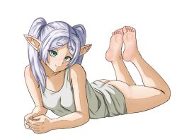 1girl ass barefoot bottomless feet frieren green_eyes grey_hair highres long_hair looking_at_viewer lying nihu on_stomach pointy_ears smile soles sousou_no_frieren the_pose toes twintails