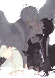 Rule 34 | 1boy, 1girl, angel, angel and devil, angel wings, black dress, black hair, black nails, black wings, blush, boots, closed mouth, demon girl, dress, earrings, feathered wings, green eyes, hand on another&#039;s head, hetero, high heel boots, high heels, highres, jewelry, long hair, looking at another, looking at viewer, original, parted bangs, parted lips, pointy ears, purimo (xxxmofmof), red eyes, robe, see-through clothes, see-through sleeves, short hair, sitting, slit pupils, sweat, very long hair, white hair, white robe, white wings, wings, yellow nails