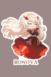 1girl character_name chibi closed_eyes commentary crossed_arms english_commentary english_text eye_hair_ornament eye_symbol full_body genshin_impact hair_between_eyes hair_ornament highres long_hair outline pearlgodaymen ronova_(genshin_impact) simple_background very_long_hair white_hair white_outline