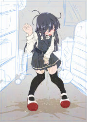 1girl asashio_(kancolle) belt between_legs black_belt black_dress black_hair black_thighhighs blush buttons closed_eyes collared_shirt commentary_request dress embarrassed flat_chest full_body hand_between_legs hand_up have_to_pee highres indoors kantai_collection long_hair long_sleeves narumiya_(narumiya) nose_blush open_mouth pee peeing peeing_self pinafore_dress shirt shoes sidelocks sleeveless sleeveless_dress solo standing thighhighs uwabaki white_shirt